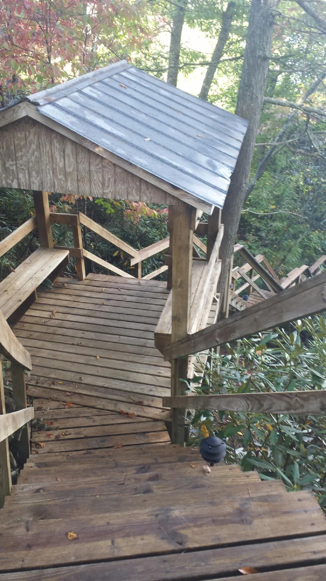 Metal roofed shelter over wooden steps on a wooded walkway — Skylight Repair & Installation work by our crew in Pavilion